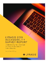 Cover of LYRASIS report on accessibility. Includes report title on a triangular monochrome field overlaying a background image of a standard laptop
