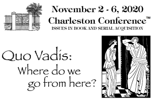Charleston Conference logo and b&w line art of two people in robes talking with legend