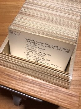 wooden card catalog open to card for Eleanor Roosevelt listing her as