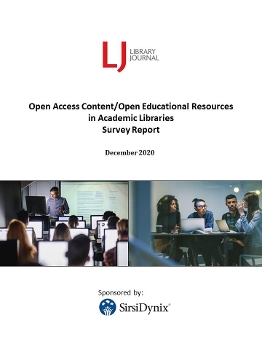 cover of LJ's OA Content/OER in Academic Libraries survey, with side by side photos of students looking at computers