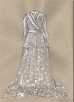 pencil and white charcoal sketch of suffragette dress surrounded by hats on tan paper