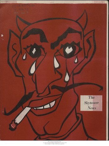 Skytower News, red page with drawing of devil smoking a cigarette