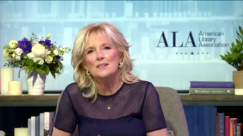 screen shot of Jill Biden speaking with ALA logo behind her