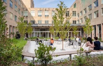 exterior courtyard with people sitting on benches, small trees