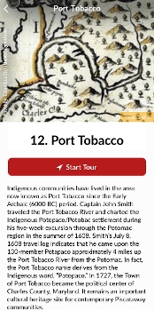 screen shot of Port Tobacco tour with site description, hand drawn map
