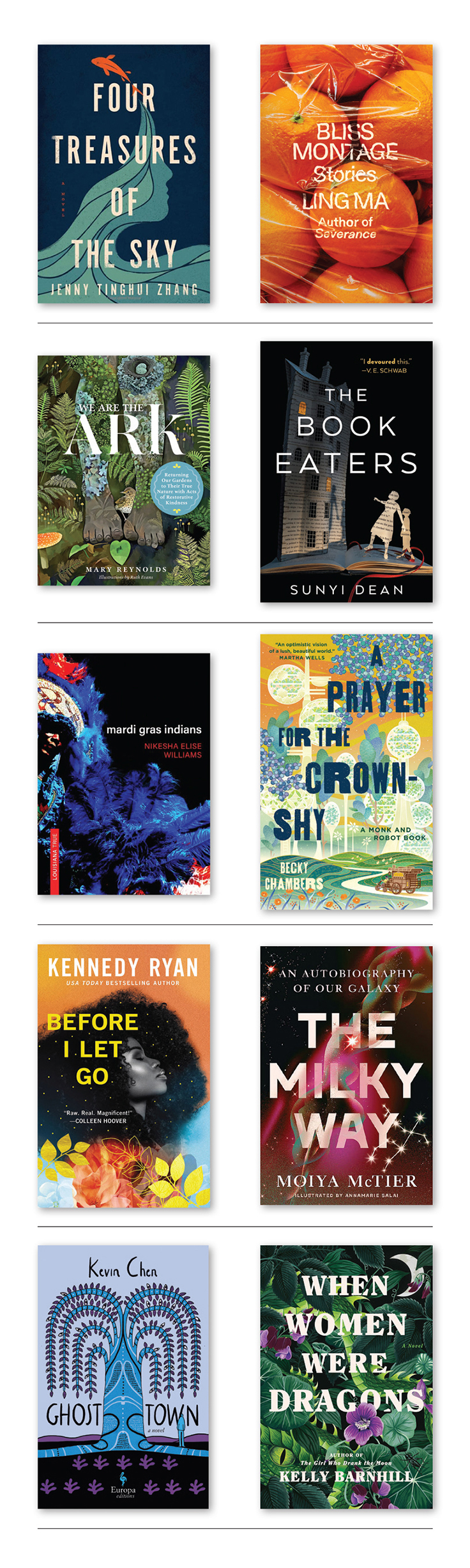 Best Book Covers, Ryan, Kennedy Before I Let Go Forever 9781538706794 Chen, Kevin Ghost Town Europa Editions 9781609457983 Reynolds, Mary We Are the ARK Timber Press 9781643261782 Williams, Nikesha Mardi Gras Indians LSU Press 9780807178706 Ma, Ling Bliss Montage Farrar, Straus and Giroux 9780374293512 McTier, Moiya The Milky Way Grand Central Publishing 9781538754153 Dean, Sunyi The Book Eaters Tor Books 9781250810182 Chambers, Becky A Prayer for the Crown-Shy Tordotcom 9781250236234 Barnhill, Kelly When Women Were Dragons Doubleday 9780385548229 Zhang, Jenny Tinghui Four Treasures of the Sky Flatiron Books 9781250811783