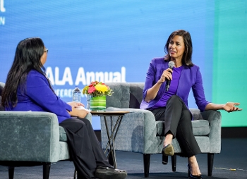 Patty Wong and Jessica Rosenworcel seated on stage