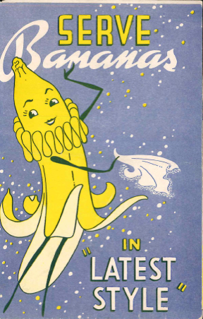 cartoon anthropomorphized and feminized banana with arms and legs, text 