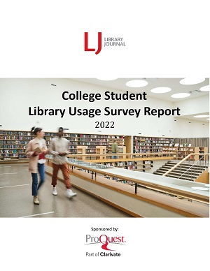 cover of College Student Library Usage survey, with image of students walking through large academic library