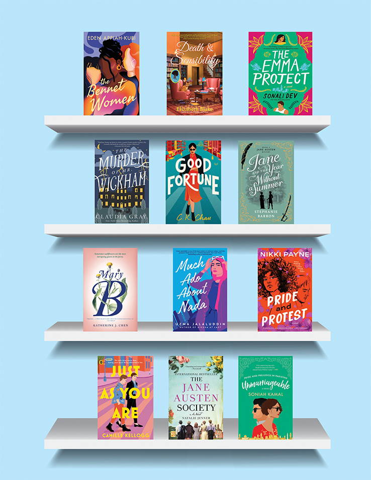 The Bennet Women by Eden Appiah-Kubi, Death and Sensibility by Elizabeth Blake, The Emma Project by Sonali Dev, The Murder of Mr. Wickham by Claudia Gray, Good Fortune by C.K. Chau, Jane and the Year Without Summer by Stephanie Barron, Mary B by Katherine J. Chen, Much Ado About Nada by Uzma Jalaluddin, Pride and Protest by Nikki Payne, Just as You Are by Camille Kellogg, The Jane Austen Society by Natalie Jenner, Unmarriageable by Soniah Kamal