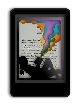 report cover showing ereader with silhouette of person reading, rainbow colors coming from book