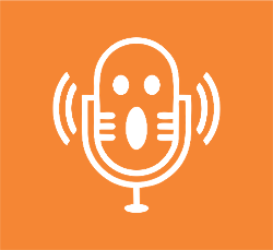 white on orange logo - old fashioned mic with stylized face