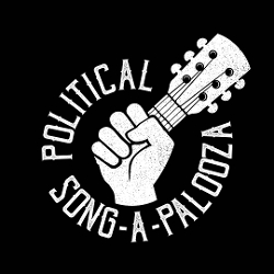Political Song-a-Palooza logo: graphic hand holding guitar neck