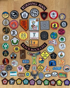 display of Burning Man patches