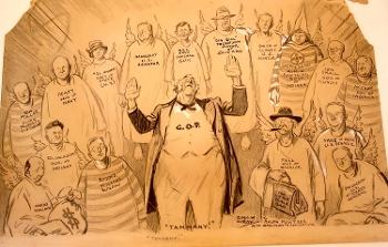 Political cartoon satirizing New York’s infamous Tammany Hall long-time political machine. The image shows a man standing front and center holding his hands up in a halting motion with the letters “G.O.P.” across his shirt. A group of more than one dozen unsavory and corrupt politicians surround him, each bearing their name and title across their chest, wearing angel wings and wearing other symbols of their crimes.