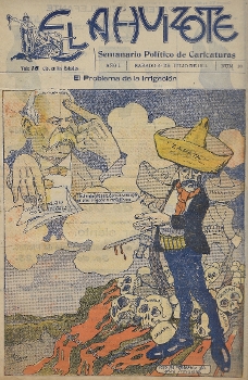 Cover of El Ahuizote: Semanario Político de Caricaturas, a short-lived weekly political satire magazine published in México City, México during the Mexican Revolution, from 1911 to 1913. Each issue featured a color political cartoon on the cover with more cartoons inside. Zapata stands looking down, holding a revolver with bleeding skulls surrounding his feet. The skulls are labeled with the names of Mexican states. Above in the clouds, opponent Emilio Vázquez Gómez points to his forehead holding a piece of paper with text.