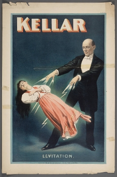 poster of man levitating woman, text reading