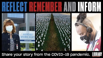 Graphic for launch of COVID-19 Archive Activation website. 3 panels show masked woman, gravesite with white flags, masked man wearing headphones