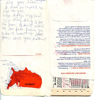 Delta airlines boarding pass envelope with blues lyrics scribbled on it