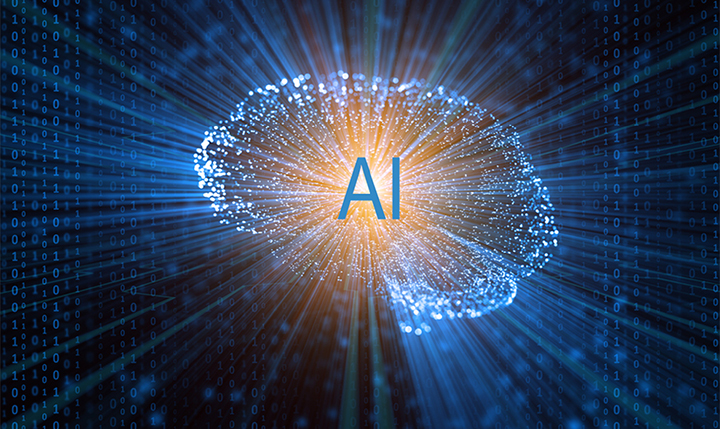 stylized image of human brain made of light superimposed over dark screen with binary digits