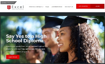 Gale Presents: Excel Adult High School recruitment page, with a photo of a graduation ceremony and a profile shot of a woman standing in a cap and gown in the foreground.