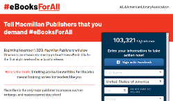 the American Library Association's eBooksForAll.org homepage with image of petition form