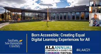 screenshot of online presentation with large photo of lawn in front of the Southern New Hampshire University Library, with live images of Trisha Prevett, Anaya Jones, David Mitchell, and Michael Johnson stacked top to bottom in the upper right corner