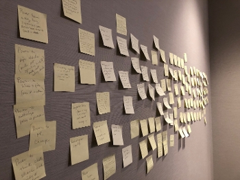 wall of post-it notes from Collective Responsibility meeting exercise