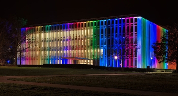 Hunt Library at Carnegie Mellon University exterior, at night, lit up in different colors