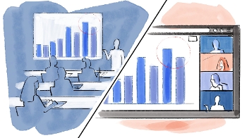 stylized drawing with image split diagonally, left side is lecturer in traditional classroom with graph on wall up front, right is same graph on computer screen with user images stacked up on right side of screen