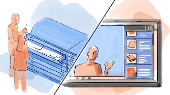 stylized drawing with image split diagonally, left side shows man and woman removing paper material from flat files, right side shows man on computer screen with same material presented as options at right side of screen