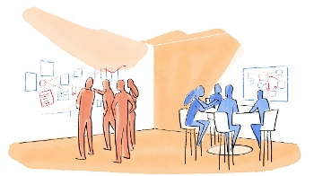 stylized drawing with one group of people standing and looking at images on wall, second group sitting around table looking at single image on wall