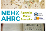 Text: NEH and ARC supporting digital innovation, with map and antique book images