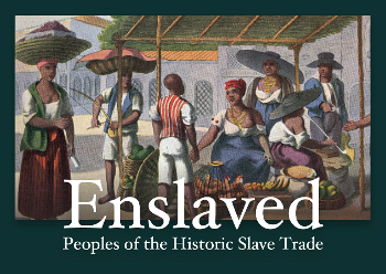 illustration of 7 black people under covered area in market, text overlay