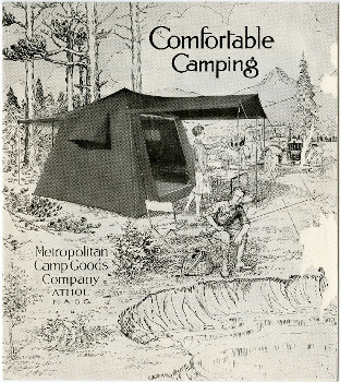 Metropolitan Camp Goods catalog with black and white illustration of man sitting in front of tent, woman standing under tent flap in front of table
