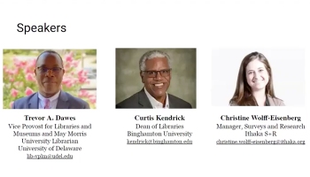screen shot of panelist head shots: Trevor Dawes, Curtis Kendrick, Christine Wolff-Eisenberg