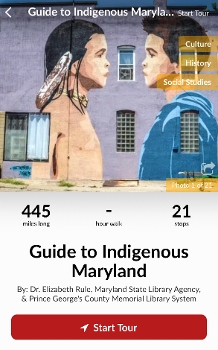 screen shot of Indigenous Maryland app showing mural of Indigenous, credits,