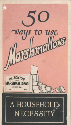 stylized illustration of marshmallows falling out of the back of a truck. text: 