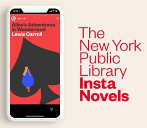 New York Public Library Alice in Wonderland gif on iPhone screen with loop of Alice walking into stylized clocks and playing cards
