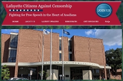 Lafayette Citizens Against Censorship screenshot of their website with a photo of the outside of the Lafayette Public Library