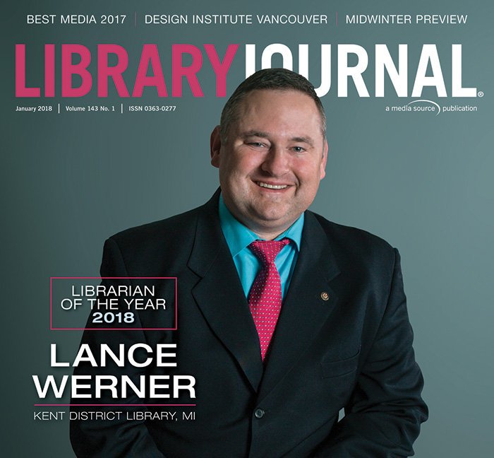 Librarian of the Year Lance Werner photo portrait. Cover of Library Journal magazine, January 2018